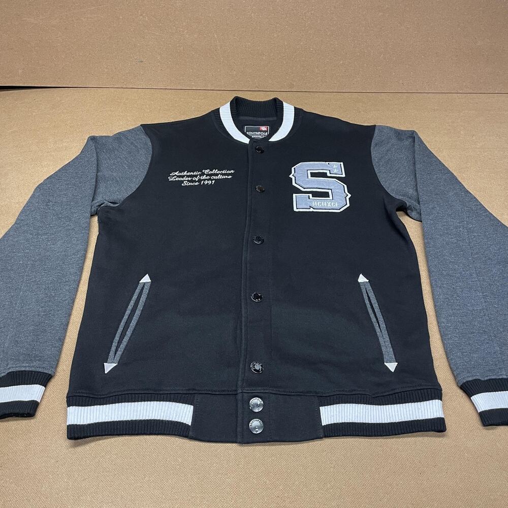 Southpole Jacket Mens XL Black Gray Varsity Letterman Snap Front Bomber S Patch